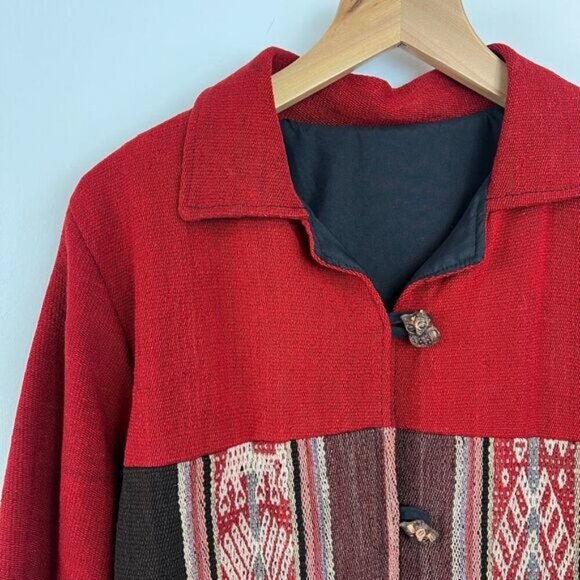 Vintage 70s Handmade Argyle Print Red Wood Button Owls Jacket Coat Size Small - Picture 11 of 16